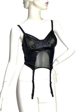 1980s black bustier with garter straps and mesh bodice by Secrets Lingerie